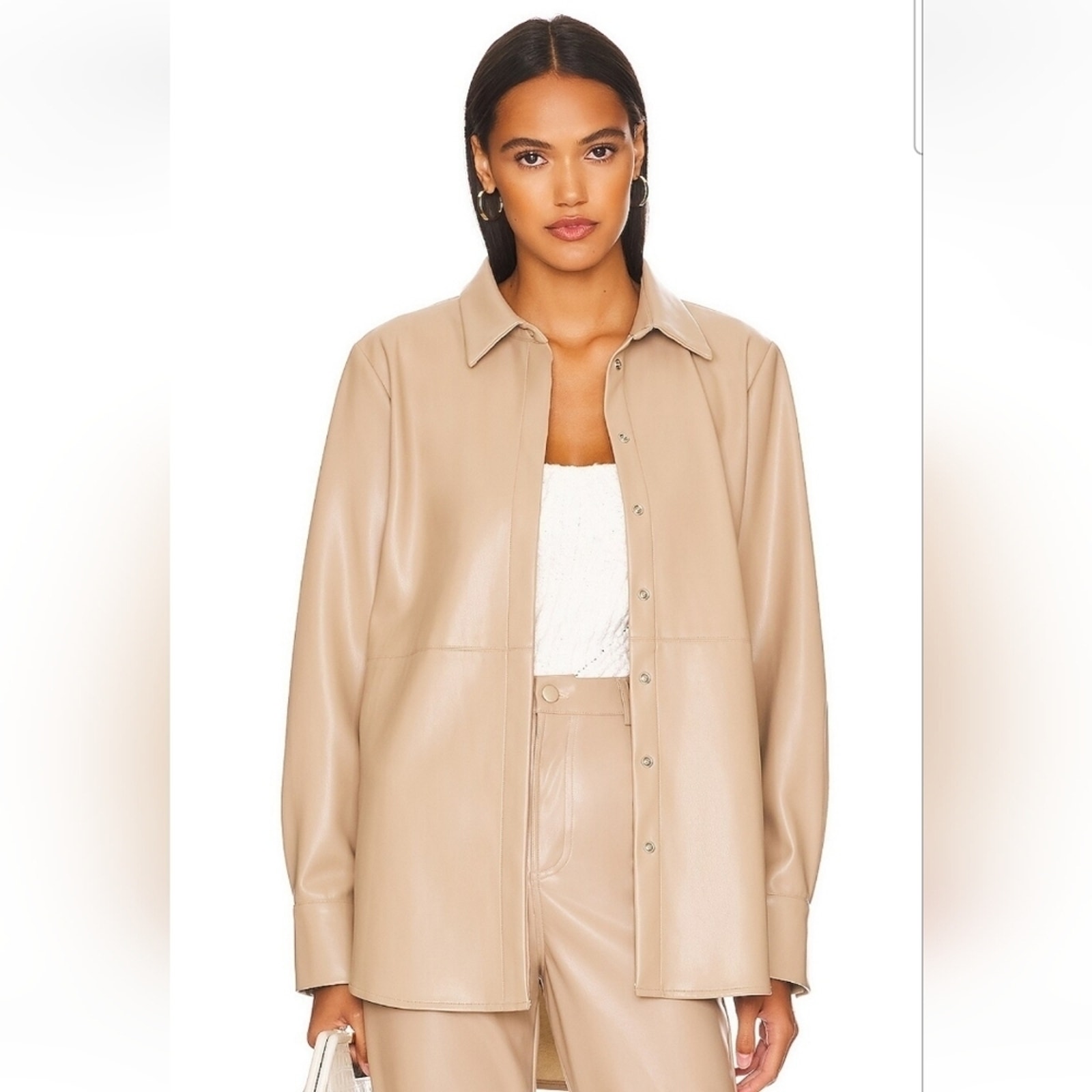 Lblc Max Button Up Shirt Long Sleeve In Taupe Tan Size Small Nwt Faux Leather